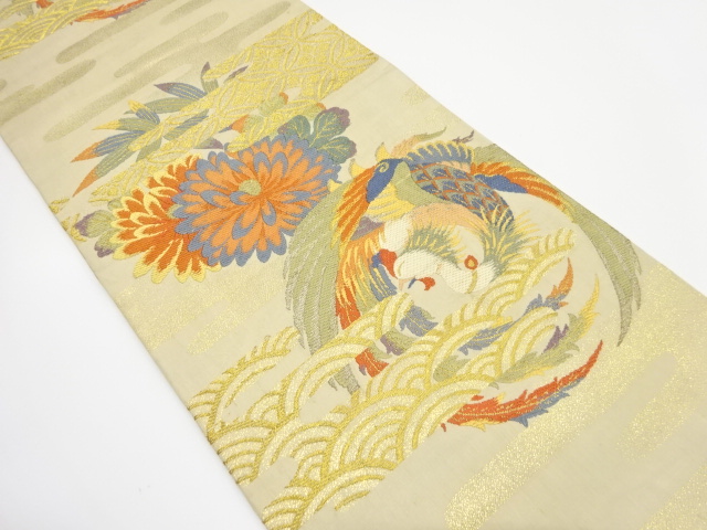 アンティーク　鳳凰にヱ霞・青海波模様織り出し丸帯（材料）